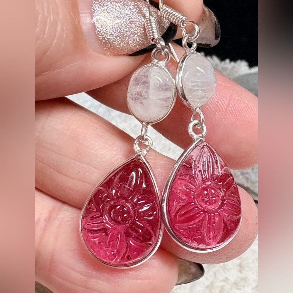 Sweet created carved natural pink Rubilite and genuine moonstone dangle Earrings